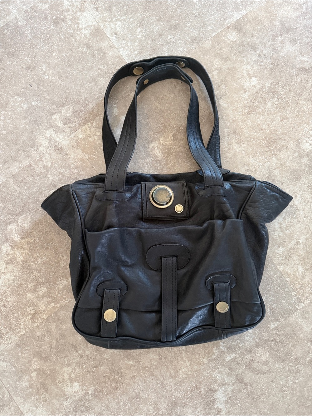 Black Gustto Shoulder  Leather Tote Bag with Gold Hardware